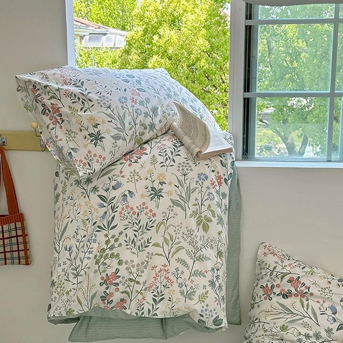 EAVD Vintage Style Garden Floral Duvet Cover Queen Soft Cotton Chic Shabby Colorful Leaves Floral Bedding Set with 2 Pillowcases Fresh Botanical Duvet Cover with Zipper Closure