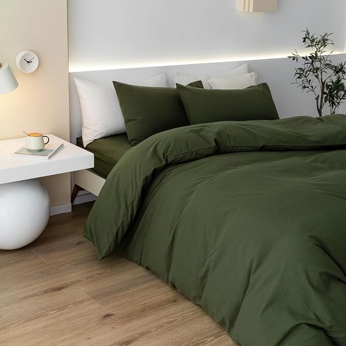 JIYUAN 100% Washed Cotton Duvet Cover Set 3 Pieces King, 1 Duvet Cover 104x90 Inches(Comforter Not Included) and 2 Pillowcases,Linen Feel Bedding Set Comfy and Breathable,Olive Green