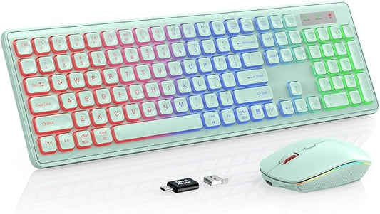 Wireless Keyboard and Mouse Combo - RGB Backlit, Rechargeable & Light Up Letters, Full-Size, Ergonomic Tilt Angle, Sleep Mode, 2.4GHz Quiet Keyboard Mouse for Mac, Windows, Laptop, PC, Mint Green