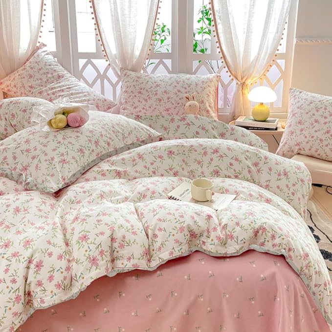 VM VOUGEMARKET Pink Flower Comforter Set Full - Cute Floral Bedding Sets for Girls Women,3 Pieces,1 Soft Lightweight Botanical Flowers Comforter with 2 Pillowcases