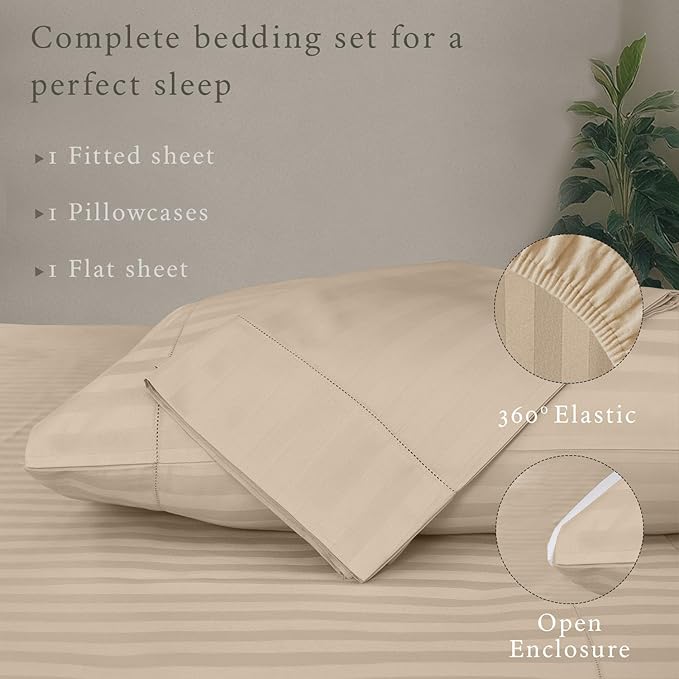 Threadmill 500 Thread Count Twin-XL Size Damask Stripe, 3 Pc Luxury Cotton Bed Sheet Set, Silky Soft Light Beige Sheets with 15" Elasticized Deep Pocket, 1 Pillowcase & Free Tote Bag