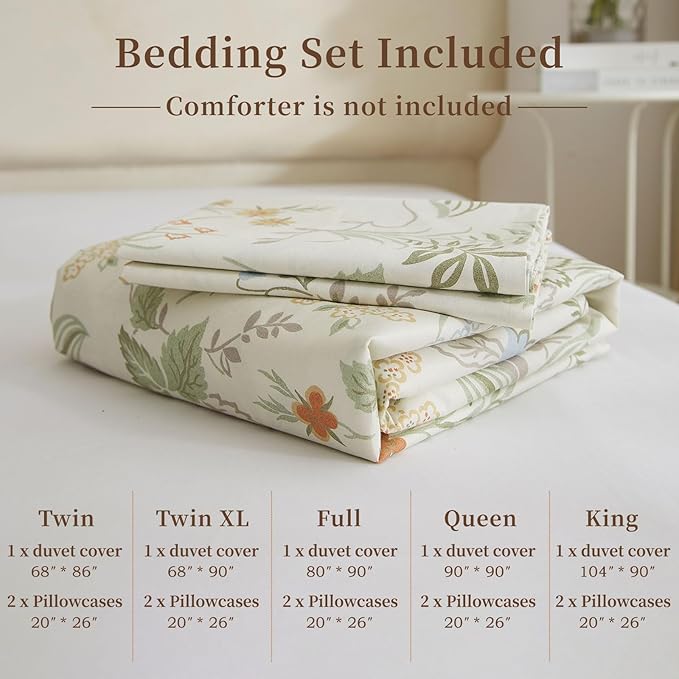 EAVD Reversible Botanical Floral Duvet Cover King White Soft Cotton Chic Shabby Garden Cute Floral Bedding Set with 2 Pillowcases Vintage Botanical Comforter Cover Set with Zipper Closure