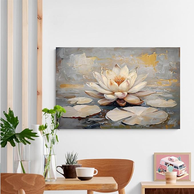 Ethereal white lotus floating on Crystal Waters poster vintage oil painting printwall art soft blush and gold accents serene home and office decor dreamy 12x18in Wood Framed