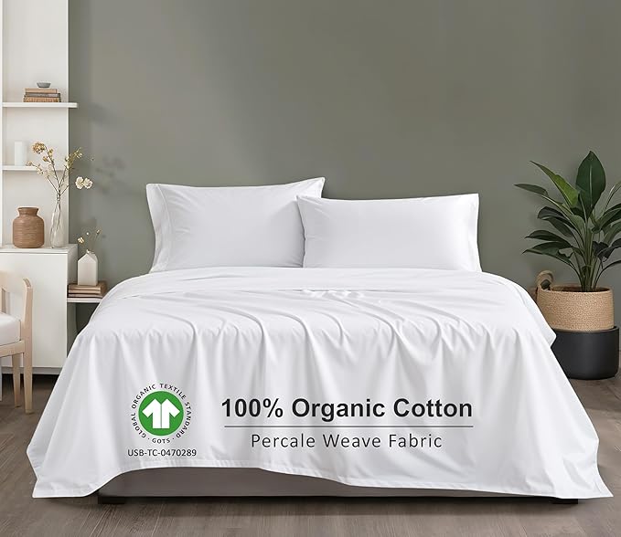 RUVANTI 100% Organic Cotton Sheets Twin Size, Percale Weave, GOTS Certified, 3-Piece Set, Deep Pocket 15", Crisp & Breathable, Soft Durable Bedding, Sábanas Algodón Orgánico – Bright White