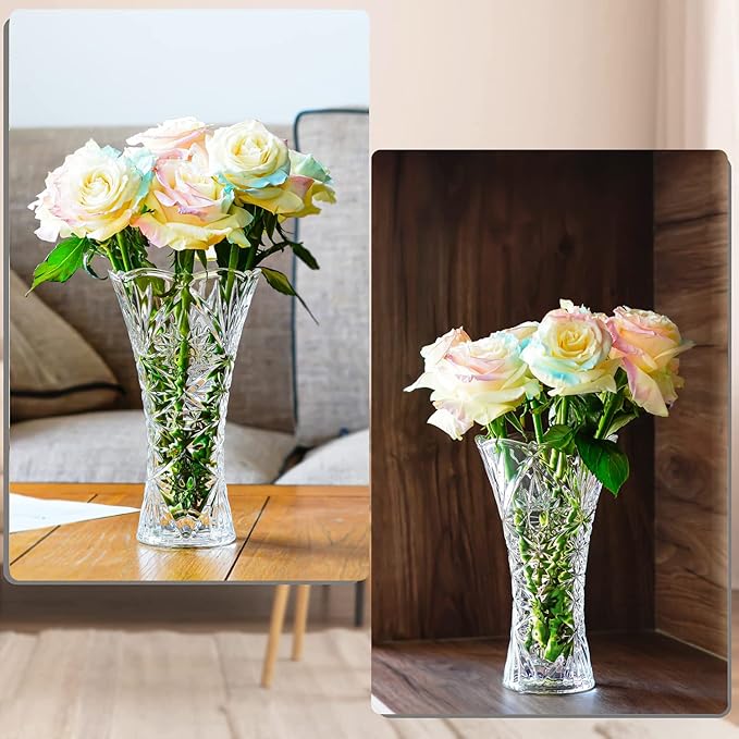 kanpura Clear Crystal Vase, Glass Flower Vase Thickening Design Suitable for Home Christmas Centerpieces Decor, Mothers Gift,9.2'' Tall(1 Piece)