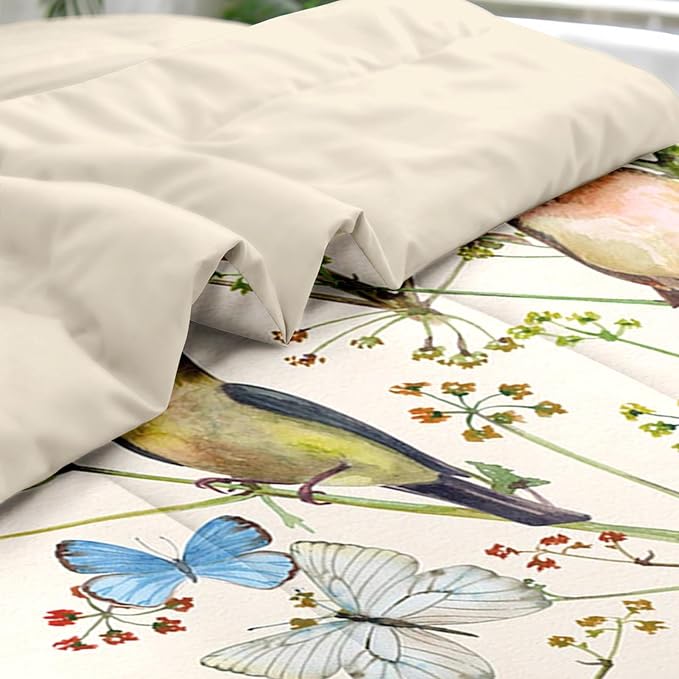 Comforter Set King Size, Vintage Birds Butterfly Colorful 7 Pcs Bedding for Kids and Adults, Floral Spring Beige Bed Sheet Sets with Fitted Sheet 2 Pillowcase & 2 Sham for Bedroom Bed Decor