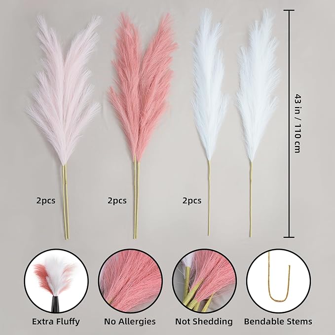 Pampas Grass Decor Tall, 43"/110cm Faux Pampas Grass 6 Stems Large Pompass Grass Branches Tall Bulk Boho Flower Arrangement for Home Room Wedding Party Decor
