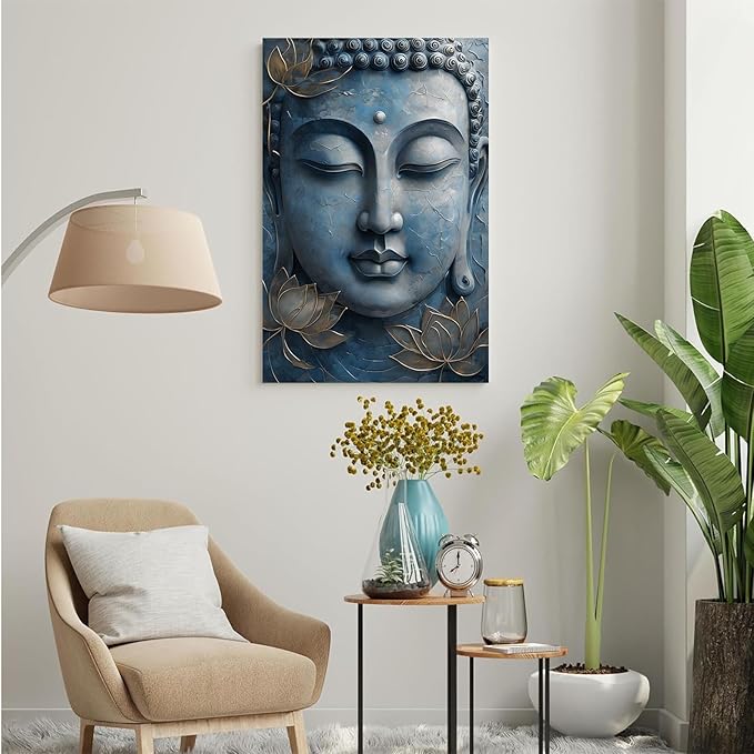 Canvas wall art Golden lotus crown Serene Buddha poster Ethereal blue toned art with delicate floral decor Zen wall art for a tranquil meditation space 20x30in Frameless
