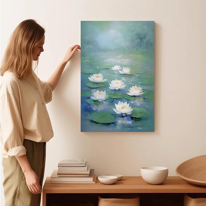 Zen wall art Delicate white lotus flower floating on calm water Vintage oil painting print Serene aquatic wall art creates a tranquil home decor 24x36in Wood Framed