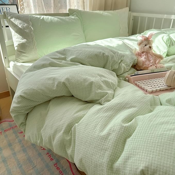 LifeTB Green Gingham Duvet Cover Full 3 Pieces Romantic Lace Duvet Cover Soft Washed Microfiber Green Grid Plaid Comforter Cover with 2 Pillowcases Farmhouse Checkered Gingham Bedding Set
