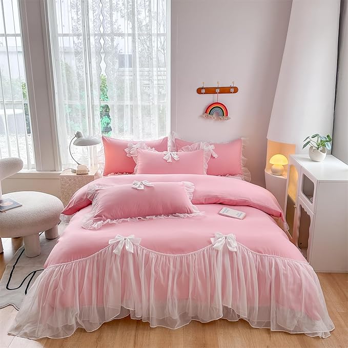 Girls Lace Bedding,Queen Comforter Cover Set, Chic Ruffled Duvet Cover with Lovely Bow,Princess Style 1 Duvet Cover with 2 Pillowcases, No Comforter-Bright Pink,Queen Size