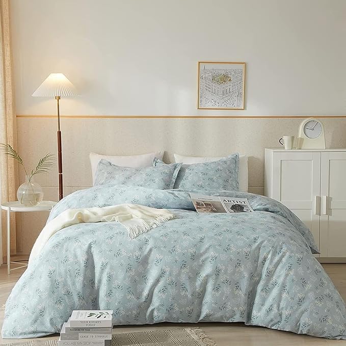 VM VOUGEMARKET Floral Comforter Set Queen Blue Comforter Set Garden Style Bedding Set Aesthetic Flower Botanical Comforter Set Soft All Seasons Boho Floral Comforter Set Queen Size