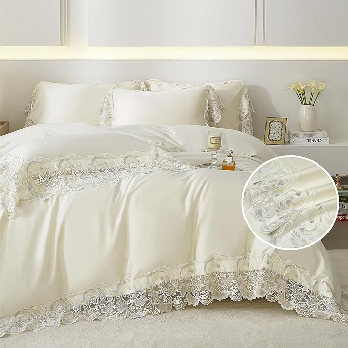 mixinni Luxury Satin Duvet Cover Set with Embroidery Lace, Silky Soft Bedding Set (1 Duvet Cover + 2 Pillowcases), Cream White - Elegant Bedroom Comforter Cover, Vintage Royal Style-Twin XL Size