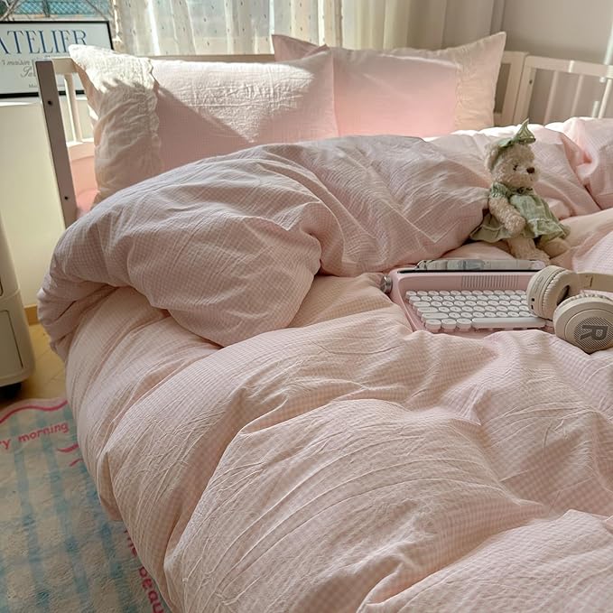 VM VOUGEMARKET Pink Plaid Comforter Set with White Lace Twin XL Kids Teens Grid Gingham Quilt Comforter for Girl's College Dorm Soft Lightweight Cozy Bedding Set