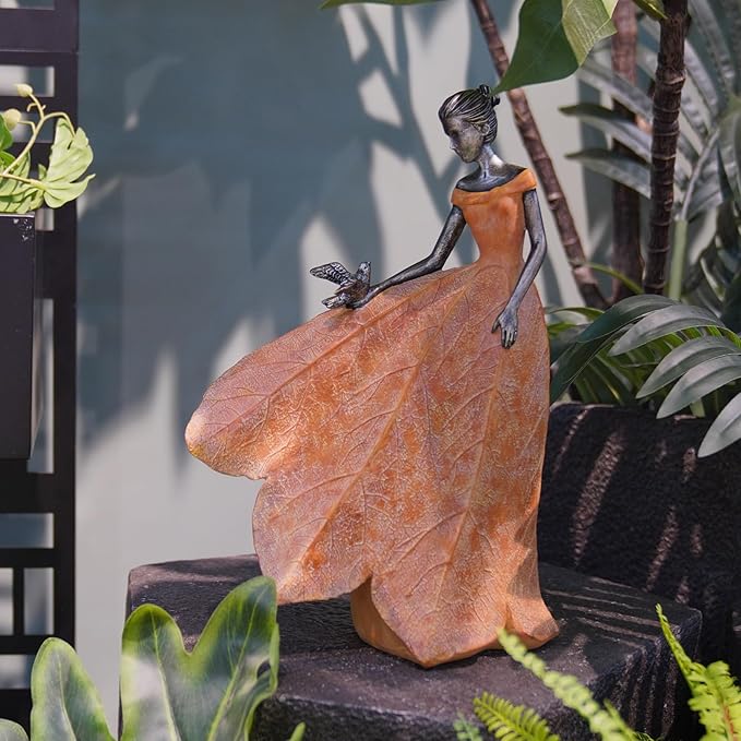 Guichifun Fairy Statue Collection Home Decoration - Orange Leaf Angel Girls Resin Fall Christmas Decor for Outside or Inside Rustic Garden Outdoor Yard Decorations Figurines Gift 8.5 x 5.25 x 12 Inch