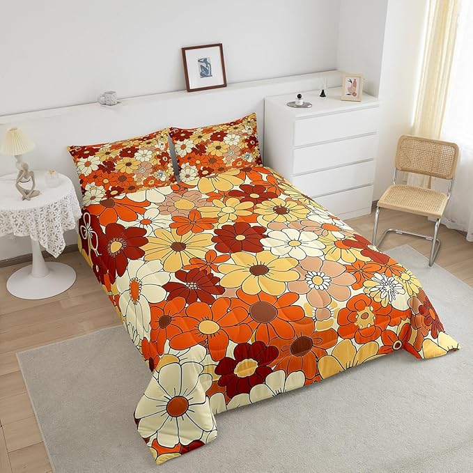 Castle Fairy Bohemian Flowers Bedding Comforters Queen Size,70s Vintage Floral Comforter Set with 2 Pillowcases,Hippie Retro Groovy Botanical 3pcs Children Adult Duvet Set,Soft