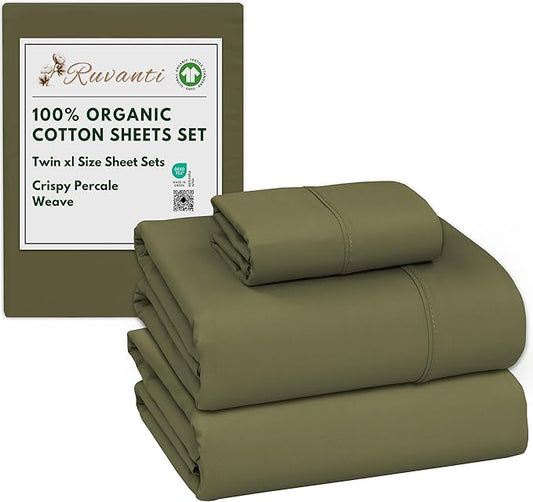 RUVANTI 100% Organic Cotton Sheets Twin XL, Percale Weave, GOTS Certified, 3-Piece Set, Deep Pocket 15", Crisp & Breathable, Soft Durable Bedding, Sábanas Algodón Orgánico – Olive