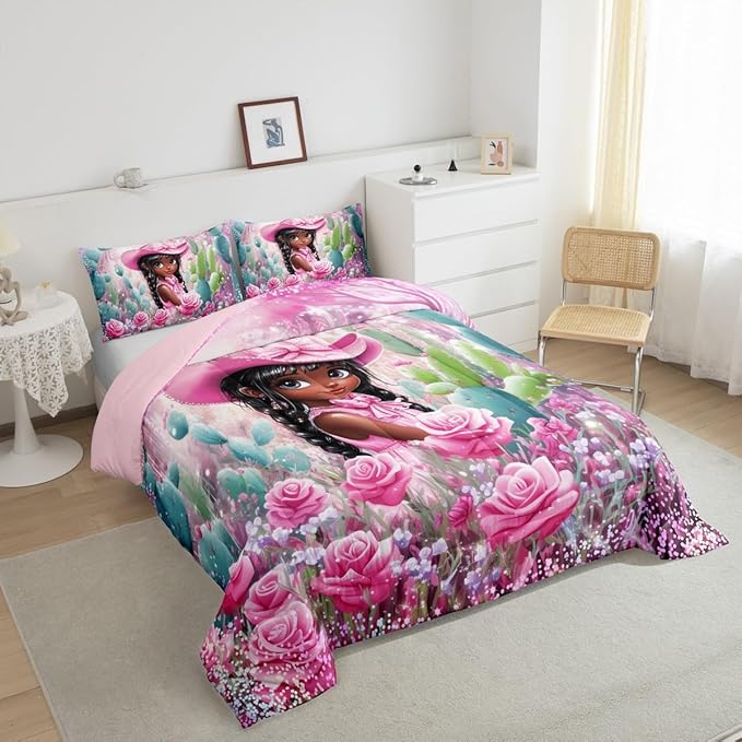 Pink Cowgirl Comforter Set Queen Size,Reversible Southwest African Style Black Bedding Set for Women Adult,Western Floral Desert Cactus Sparkling Luxury Bed Duvet Insert, 2 Pillowcases