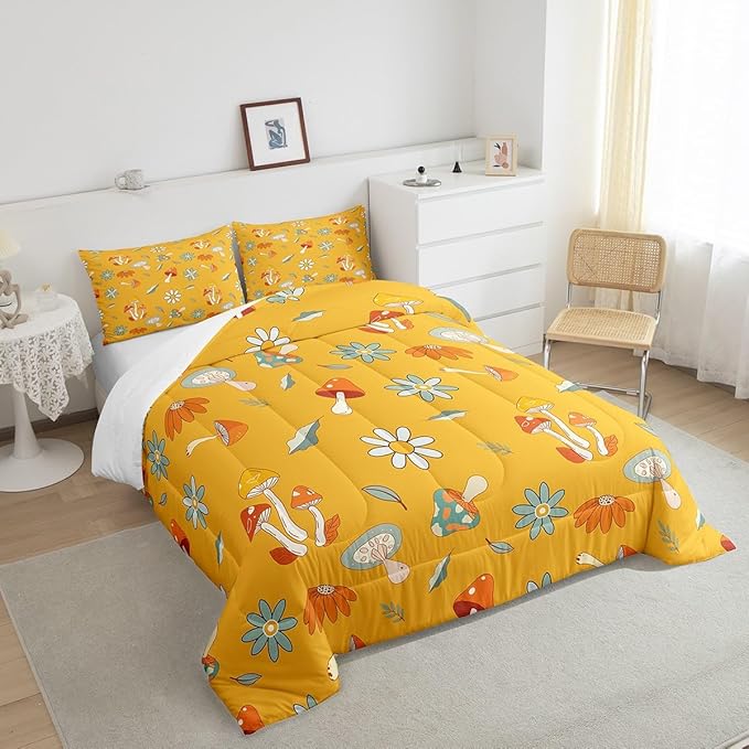 Castle Fairy Retro Hippie Mushroom Comforter Set Full Size,Groovy Flowers Floral Bedding Comforters for Girls Teens Gift,Yellow Boho Quilt Set with 2 Pillowcases,Chic