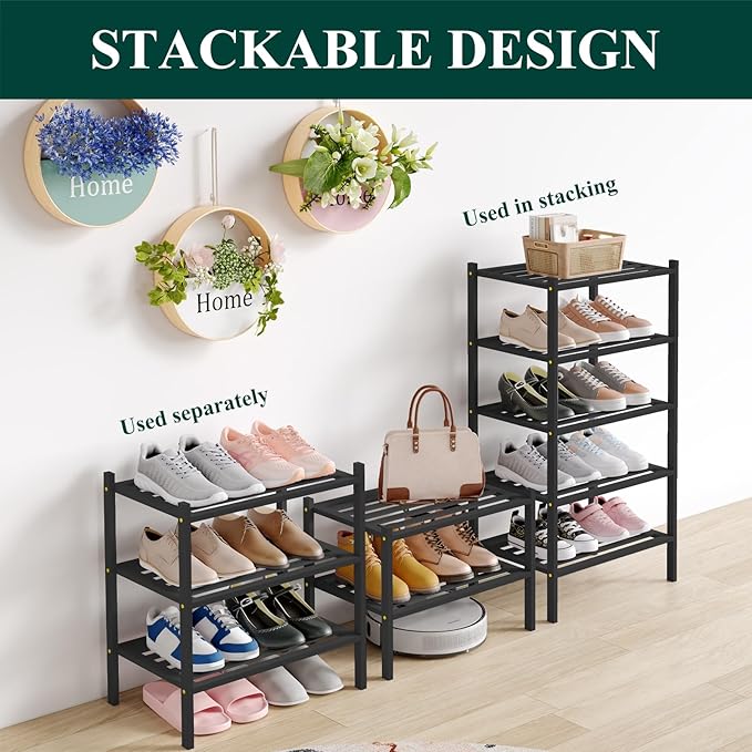 Smiry Small Bamboo Shoe Rack 2-Tier, Stackable Wooden Shoe Organizer for Entryway & Closet, Free Standing Wood Shoe Storage Shelf for Front Door & Small Spaces, Black