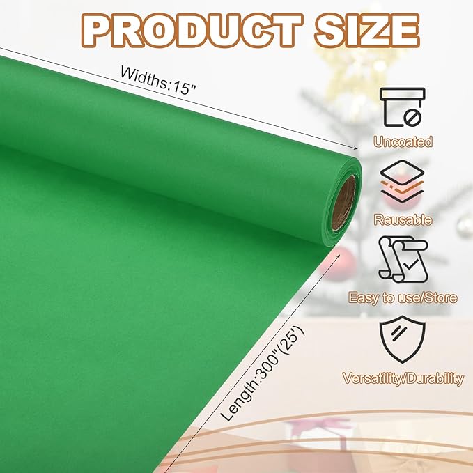 PATIKIL Wrapping Paper, 15" x 300"(25') 70 GSM Craft Paper Roll Kraft Packing Paper for Poster Bulletin Board, Gift Wrapping, Green