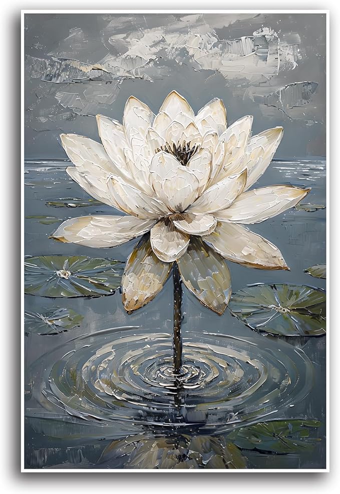 Stunning white lotus emerges from prismatic water with delicate petals background Serene aquatic wall art suitable for modern minimalist decor 12x18in Frameless