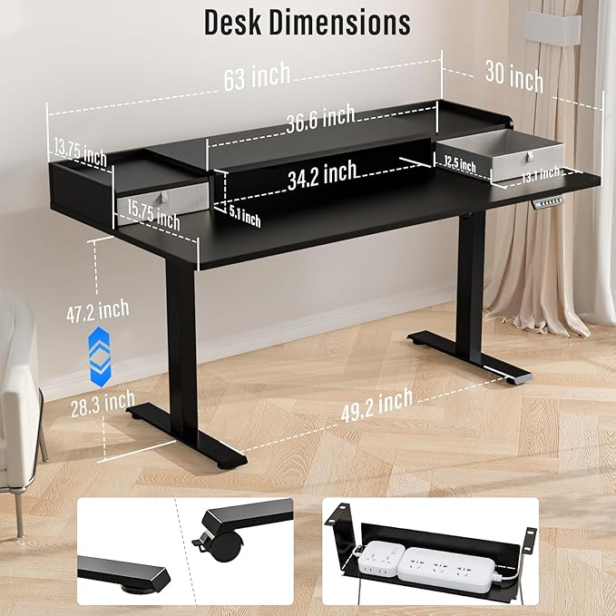 Kingant 63" x 30" Standing Desk with Drawers, Large Desktop, Ergonomic Sit Stand Desk for Home Office Work, Cable Management, 3 Preset Heights & 2 Hooks, Classic Black