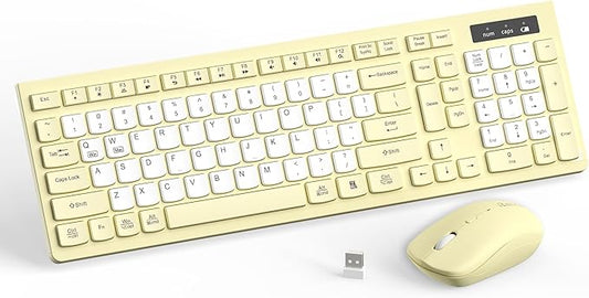 Wireless Keyboard and Mouse Combo, Full-Sized Wireless Keyboard and Adjustable DPI Mouse, 2.4GHz USB Receiver, Silent Keyboard and Mouse for PC, Windows, MAC, Desktop, Laptop (Canary Yellow-B)