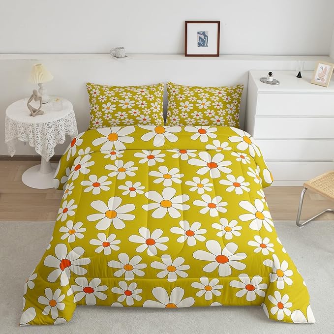 Castle Fairy Hippie Flowers Bedding Set King Size,70s Retro Floral Comforter Set Room Decor for Couple,Groovy Cartoon White Daisy Microfiber Down Comforter,2 Pillowcases
