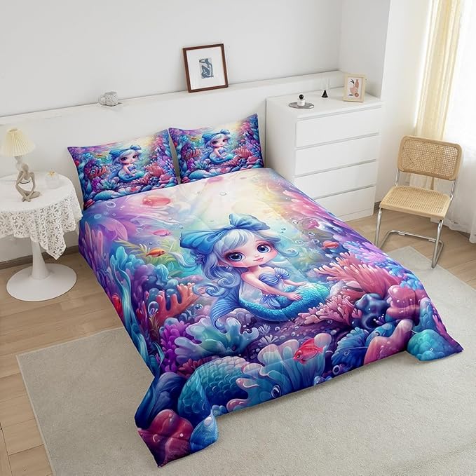 Cute Mermaid Full Size Comforter Set,Beautiful Mermaid Fairy Tale Reversible Bedding Comforters Bedroom Collection,Watercolor Coral Cartoon Undersea World Bedding Set for Girls Teens