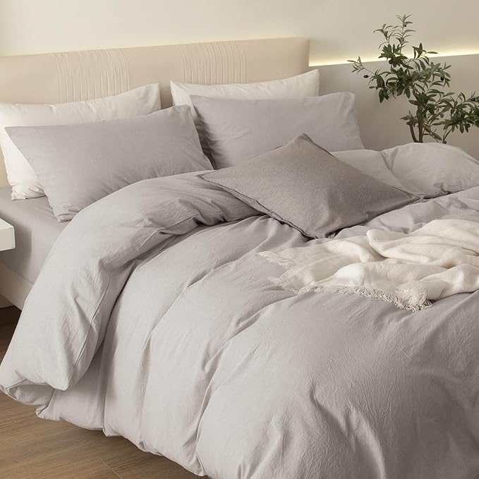 JIYUAN 100% Washed Cotton Duvet Cover Set 3 PCS Oversized Queen, 1 Duvet Cover 98"x98" (Comforter Not Included) and 2 Pillowcases,Linen Feel Bedding Set Comfy and Breathable, Heathered Cream Grey