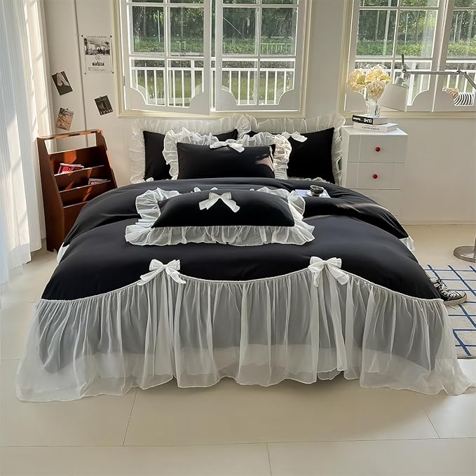 Girls Lace Bedding,Queen Comforter Cover Set, Chic Ruffled Duvet Cover with Lovely Bow,Princess Style 1 Duvet Cover with 1 Pillowcases, No Comforter-Black,Twin Size