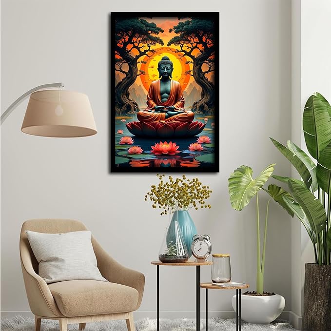 Canvas wall art Golden Buddha on lotus at sunset Ancient trees with reflections on water Serene meditation scene Uplifting wall art for mindfulness and tranquil home decor 16x24in Metal blackFramed