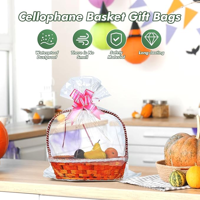 100 Packs 32" x 40" Extra-large Gift Wrap Cellophane Bags for Basket Jumbo Clear Cellophane Wraps Clear Huge Cello Bags for Basket, Gift, Christmas Tree, Treat, Art and Craft, 100ct Pink Ribbon Bows