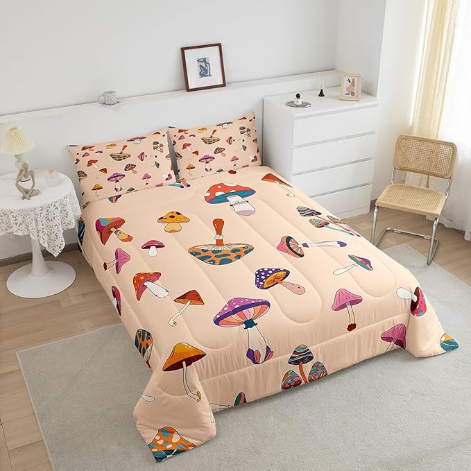 Retro Mushroom Twin Size Comforter Set,Hippie Plant Duvet Set with 1 Pillowcase for Kids Boys,60s 70s Cartoon Style Soft Microfiber Bedding Comforters