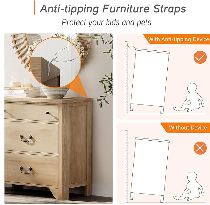 WAMPAT 3 Drawer Dresser for Bedroom, 31.5" Farmhouse Dresser, Kids Dressers for Nursery with Wide Chest of Drawers for Bedroom, Living Room, Oak
