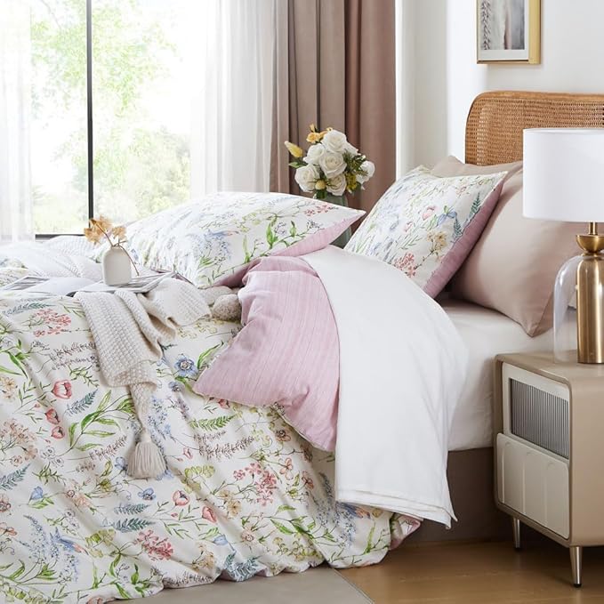 EAVD Vintage Garden Style Botanical Floral Duvet Cover Full White Soft 100% Cotton Chic Floral Cute Bird Print Bedding Set with 2 Pillowcases Fresh Botanical Duvet Cover with Zipper Closure