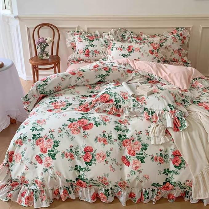 LifeTB Vintage Pink Floral Comforter Set Queen Girls Rose Flower Comforter Coquette Bedding Aesthetic Ruffle Comforter Set Soft Fluffy Cottagecore Bedding Set Farmhouse Boho Bed Comforter Queen Size