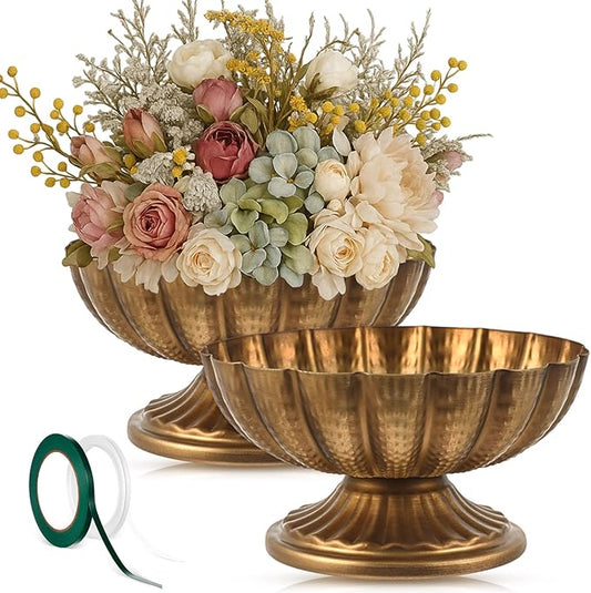 2 Pcs Metal Compote Bowl for Centerpiece Flower Holder Small Compote Vase Indoor Outdoor Flowers Fruits Plant for Christmas Wedding Home Party Decoration (Medium,Gold Bronze)