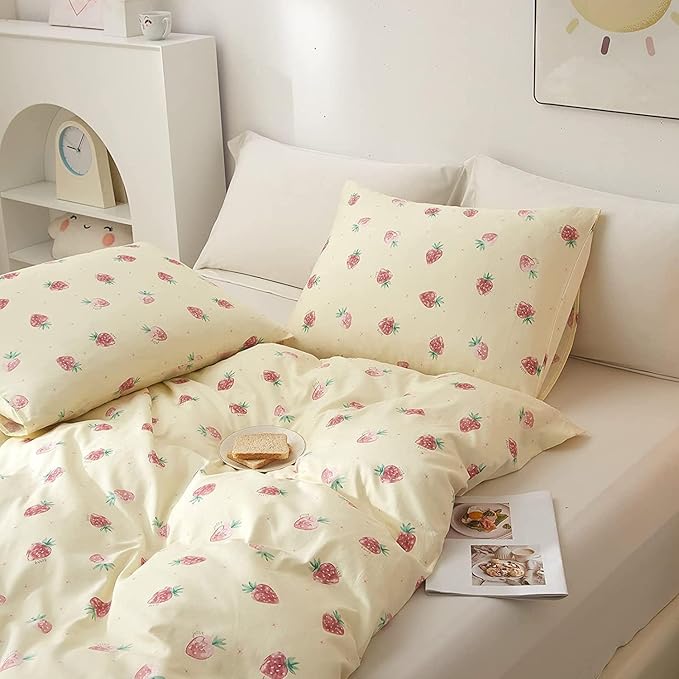 LifeTB Cute Strawberry Duvet Cover Twin XL Soft Cotton Kawaii Bedding Sets Kids Girls Bedroom Decor Fresh Small Comforter Cover 3 Piece Bed Set Twin XL Duvet Cover 2 Pillowcases