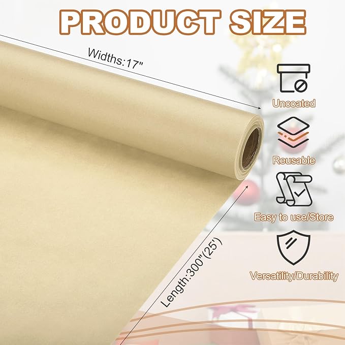 PATIKIL Wrapping Paper, 17" x 300"(25') 70 GSM Craft Paper Roll Kraft Packing Paper for Poster Bulletin Board, Gift Wrapping, Brown