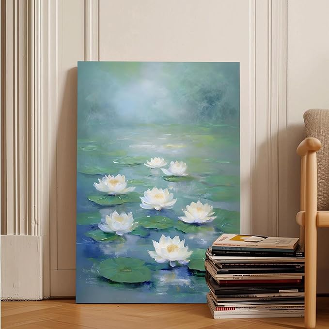 Zen wall art Delicate white lotus flower floating on calm water Vintage oil painting print Serene aquatic wall art creates a tranquil home decor 24x36in Wood Framed