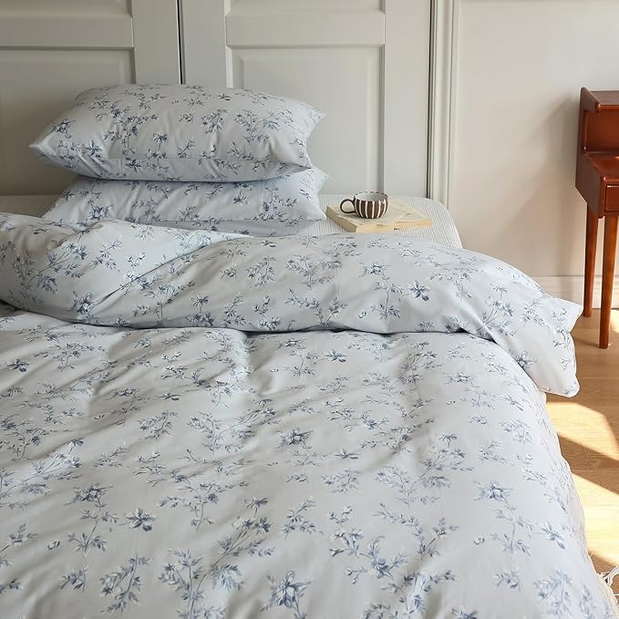 LifeTB Duvet Cover Set King 100% Cotton Vintage Blue Floral Duvet Cover Aesthetic Flower Comforter Cover with Zipper Closure Cottagecore Style Duvet Cover King with 2 Pillowcases for All Season