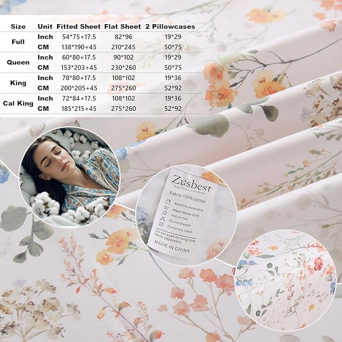 Zusbest Floral Bed Sheets King Size Percale Cotton Orange Blue Flower Sheets Set Green Botanical Printed on White Patterned Deep Pocket Fitted Sheets, Crisp Soft Breathable for Hot Sleepers, 4 Pcs