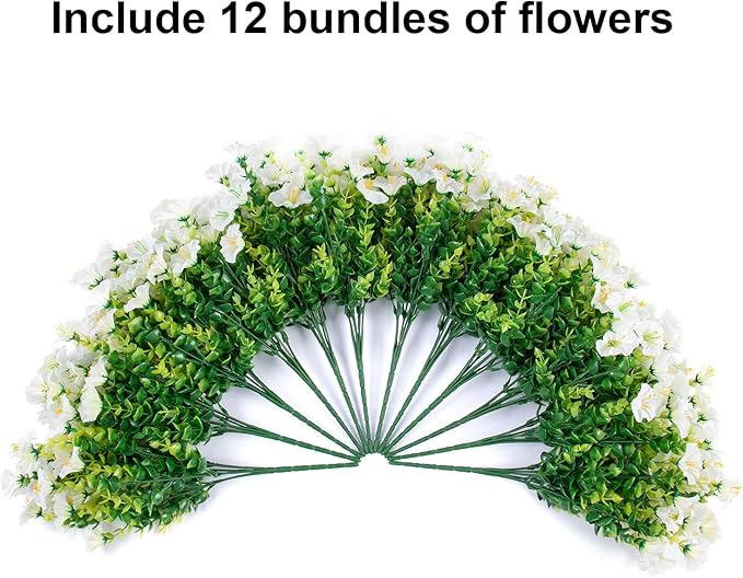 HyeFlora Artificial Flowers for Outdoors Fake Plants Outside Decoration, 12 Bundles Silk White Morning Glory UV Resistant Look Real Faux Flowers for Planter Front Door Porch Patio Yard Gardens Balcony