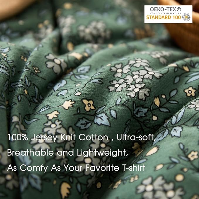 EAVD Vintage Style Garden Green Floral Duvet Cover King Soft Jersey Knit Cotton Aesthetic Floral Bedding Set Chic Botanical Green Duvet Cover with Zipper