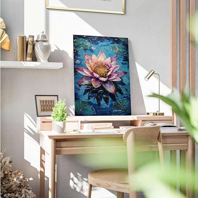 Gorgeous pink and purple water lilies on deep blue water Eye-catching oil painting Serene aquatic wall art for modern home decor 24x36in Frameless