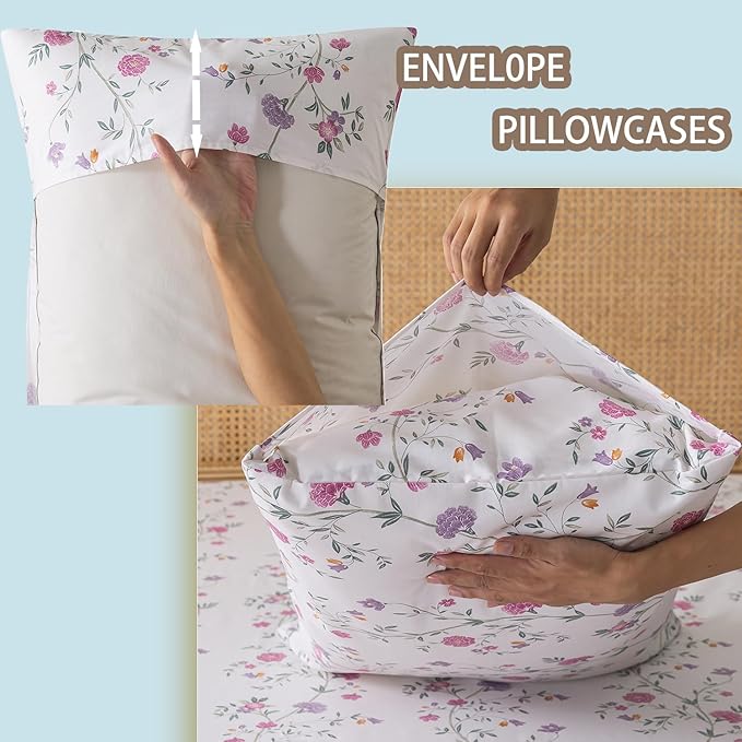 Zusbest California Sheets, Soft 100% Cotton Pink & Off White Floral Bed Sheets Shabby Vintage Chic Purple Flower Printed Sheets Breathable 4 Piece Deep Pocket 17.5‘’（Cal King,Rosy）