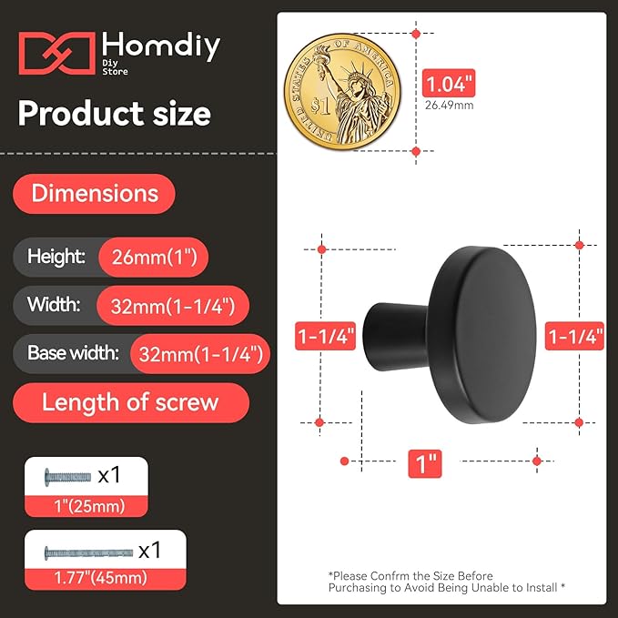 homdiy 10 Pack Black Cabinet Knobs Round Matte Kitchen Handles Zinc Alloy Metal Hardware for Dresser Drawer Desk Cupboard
