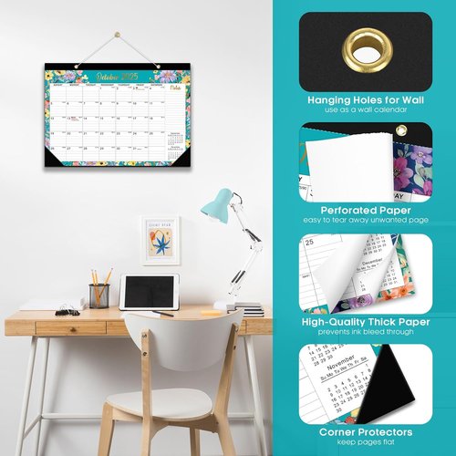 Floral Desk Calendar 2026-2027 | Large 17" x 12" Monthly Planner for Home & Office